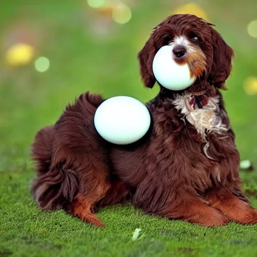 Image similar to brown cavoodle with an egg on its head