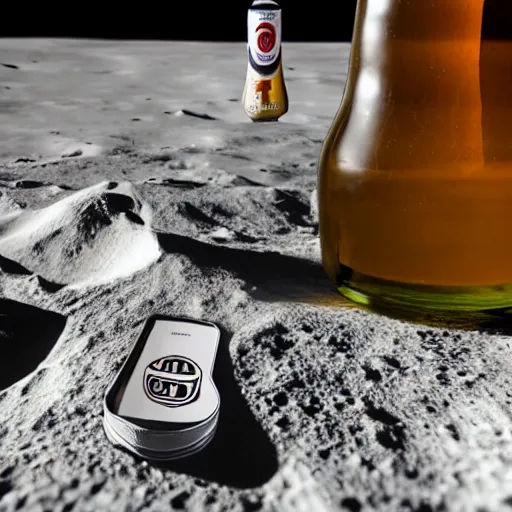 Prompt: photo of an idle realistic electric guitar and an idle realistic beer can next to one another on the moon surface. detailed