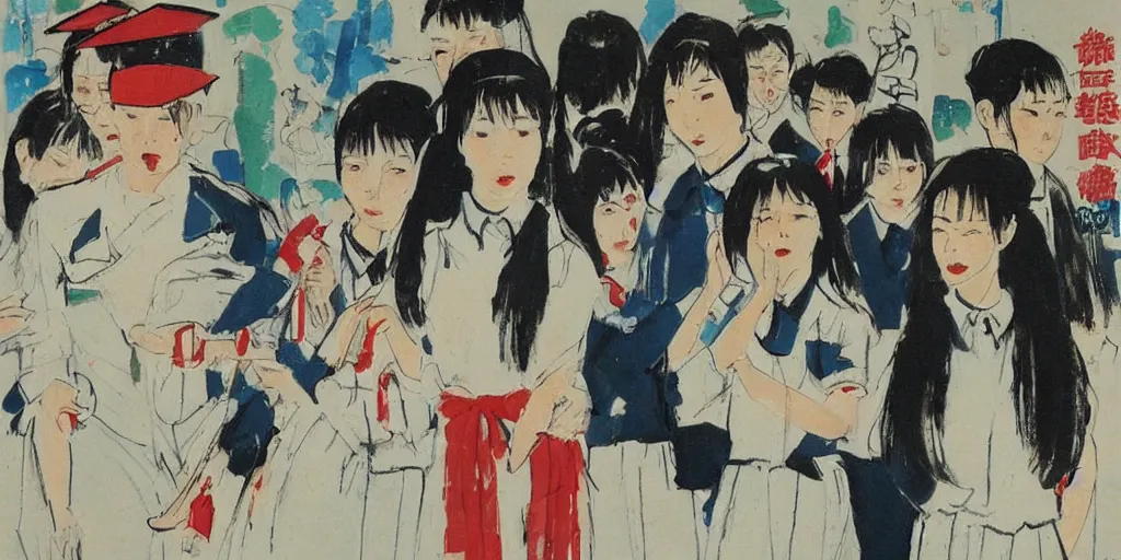 Image similar to in the afternoon at school, a beautiful girl kill her boyfriend as a group of students in sailor uniforms watch by wu guanzhong