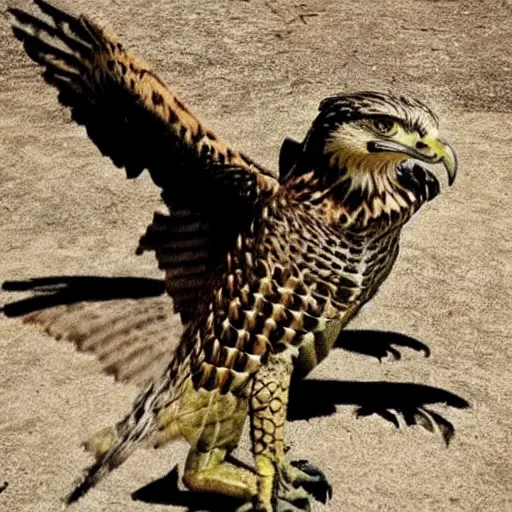 Image similar to hawk and crocodile morphed together, half crocodile, half hawk, real picture taken in zoo, realistic hawk proportions, head of crocodile is seamlessly merged with hawk