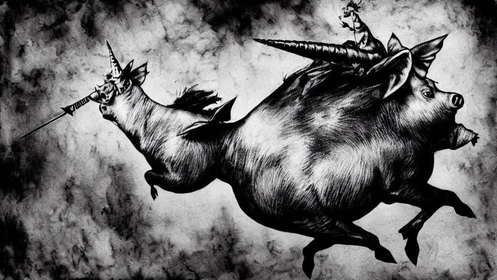 Image similar to flying pig with unicorn horn, derek hess style, black and white, 35mm, 8k