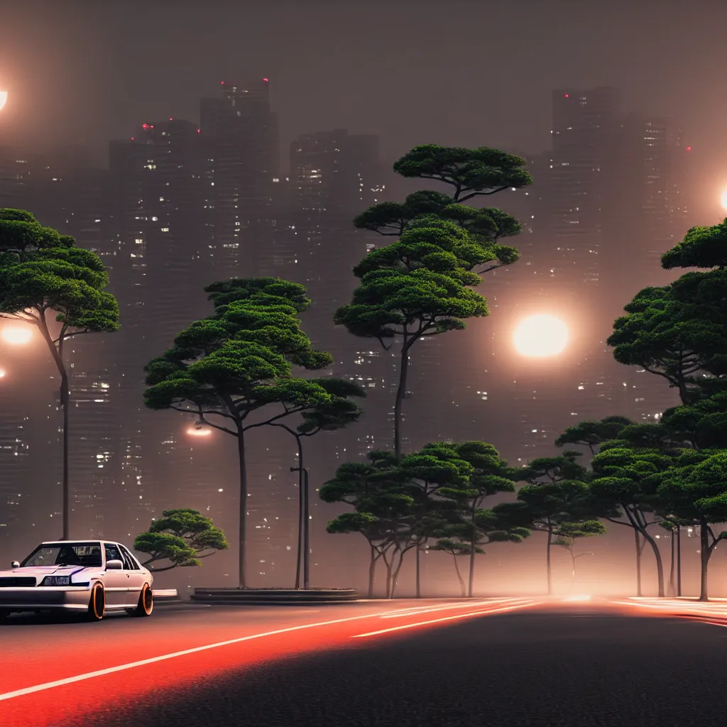 Image similar to car in center JZX100 twin turbo drift on a road, surrounded by trees and buildings in Tokyo prefecture, rooftops are Japanese architecture, city at sunset heavy mist over streetlights, cinematic lighting, photorealistic, detailed wheels, highly detailed, octane render