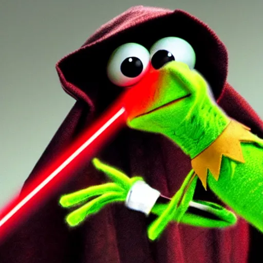 Image similar to kermit the frog as a sith lord wielding a red lightsaber, realistic