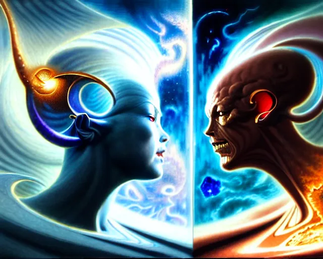 Prompt: the battle of light and dark, gemini facing each other, fantasy character portrait made of fractals, ultra realistic, wide angle, intricate details, the fifth element artifacts, highly detailed by peter mohrbacher, hajime sorayama, wayne barlowe, boris vallejo, aaron horkey, gaston bussiere, craig mullins