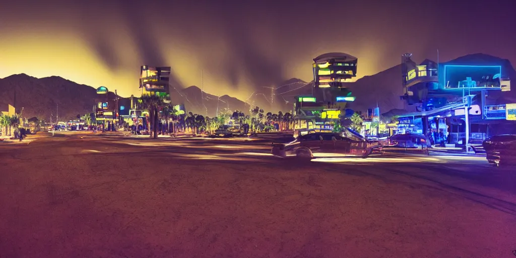 Image similar to palm springs as as futuristic city, sci fi, blade runner, cinematic, underexposed,