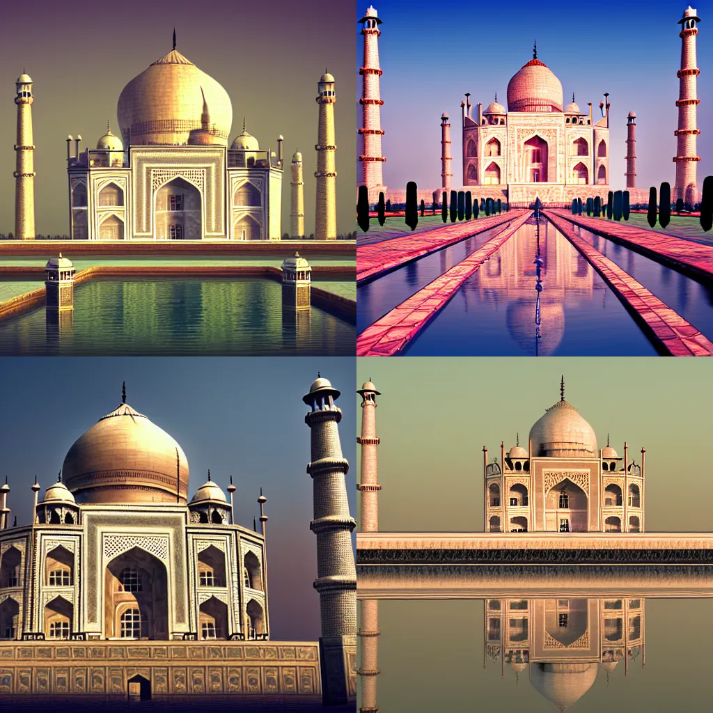 Prompt: beautiful matte painting of the Taj Mahal, photorealistic, highly detailed, 8k, trending on artstation