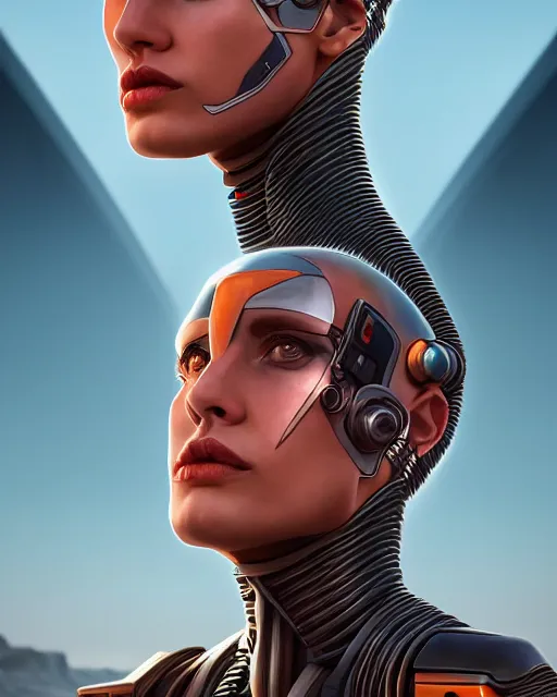 Image similar to portrait of a handsome symmetric beautiful futuristic sci - fi cyberpunk female cyborg, desert oasis background, ultra realistic, highly detailed, hd, sharp focus, cinematic lighting, realistic, photorealistic, vivid colors, painting, photograph, digital art, non blurry, sharp, artstation, concept art, smooth, illustration