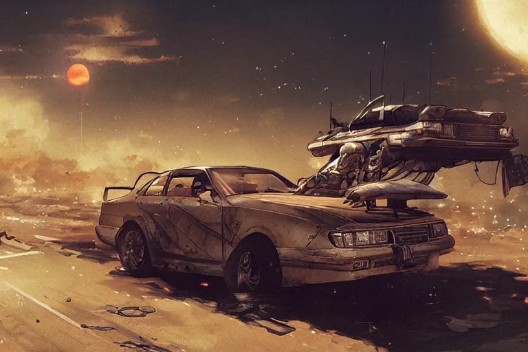 Image similar to 2 0 0 1 space odyssy diesepunk toyota chaser mad max by greg rutkowski makoto shinkai takashi takeuchi studio ghibli, akihiko yoshida