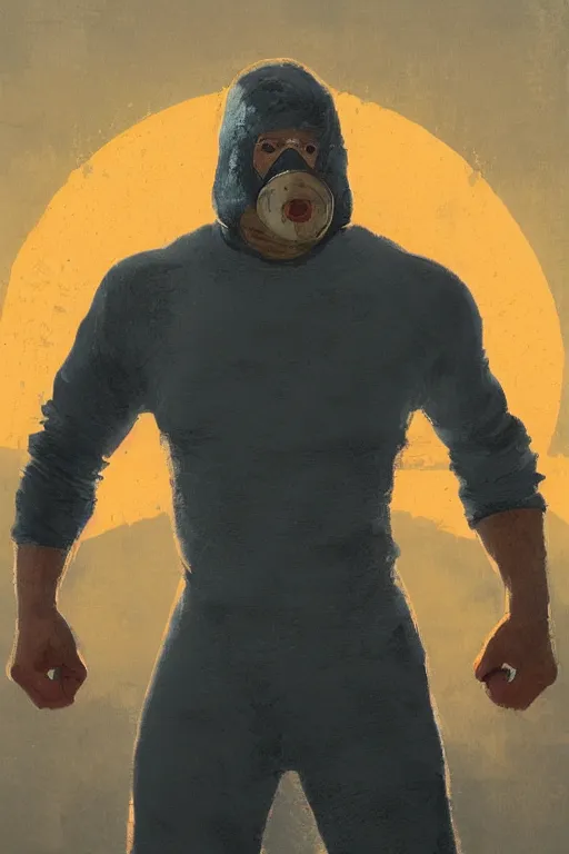 Prompt: wrestler masked man portrait, detailed, sunshine, defocused background, illustration by normal rockwell, artstation character art, john william waterhouse, concept art, greg rutkowski and alphonse mucha, golden ratio, fibonaccicomposition