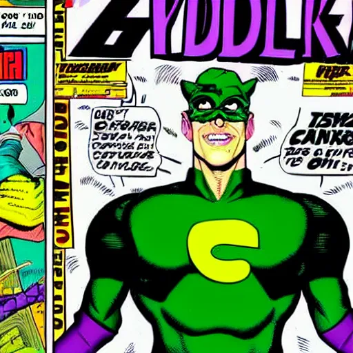 Prompt: Mark Zuckerberg as the riddler in 1990s DC comic cover illustration