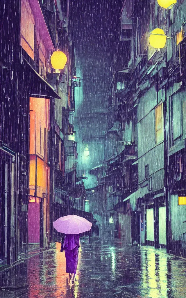 Image similar to a woman holding a purple umbrella walking on the wet street on a rainy night in a kyoto alley way by makoto shinkai and by wes anderson. dramatic lighting. cel shading.