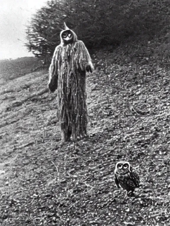 Prompt: 1 9 7 0's photo of the sighting of the cornish owlman, the owlman of mawnan