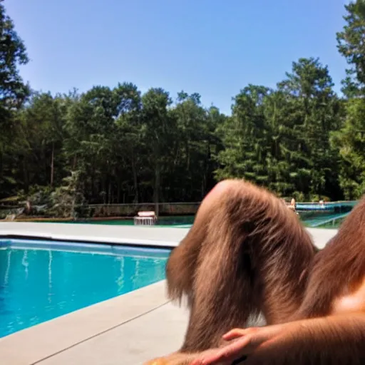 Image similar to bigfoot relaxing by the pool, surveillance camera still