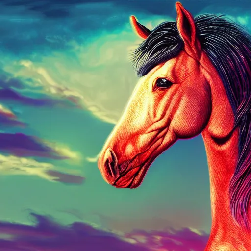 Prompt: digital neigh neigh, retrowave palette, highly detailed, anatomically correct equine, synth feel, smooth face, ear floof, flowing mane, no reins, super realism, accurate animal imagery, 4 k digital art