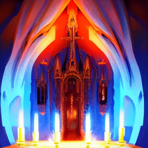 Image similar to A blazing and bright blue flame is worshipped at the center of a gothic temple by hooded cultists dressed in red at night; dark fantasy; trending on artstation