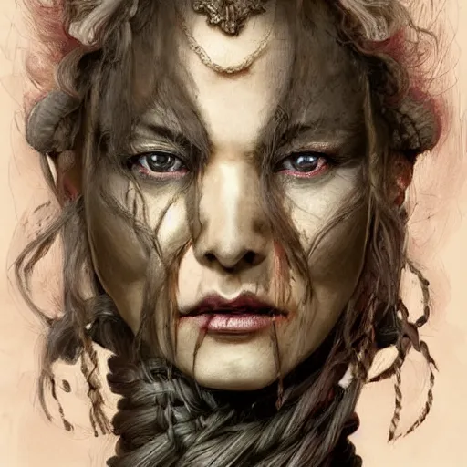 Image similar to portrait of a Shibari rope wrapped face and neck, headshot, insanely nice professional hair style, dramatic hair color, digital painting, of a old 13th century, traveler, amber jewels, baroque, ornate clothing, scifi, realistic, hyperdetailed, chiaroscuro, concept art, art by Franz Hals and Jon Foster and Ayami Kojima and Amano and Karol Bak,