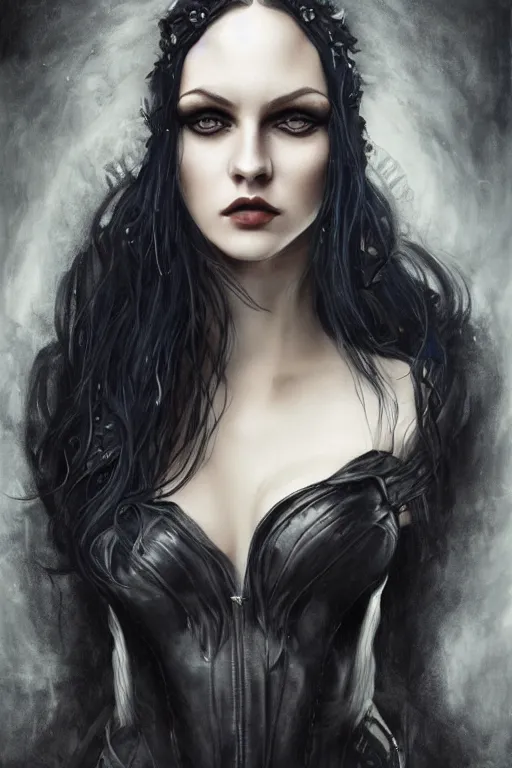 Prompt: a beautiful woman with long black hair, blue eyes, gothic, intricate, elegant, dramatic lighting, gorgeous face, black leather jacket, highly detailed, lifelike, photorealistic, digital painting, artstation, illustration, concept art, smooth, sharp focus, art by John Collier and Albert Aublet and Krenz Cushart and Artem Demura and Alphonse Mucha