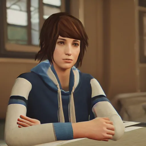 Prompt: A portrait photo of Max Caulfield, from the game Life is Strange, wearing Ravenclaw robes. in game capture