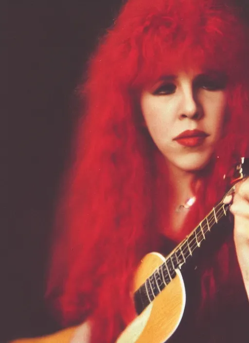 Image similar to dslr portrait photo still of 2 4 year old stevie nicks at age 2 4 with red hair playing a guitar, 8 5 mm, f 1. 8