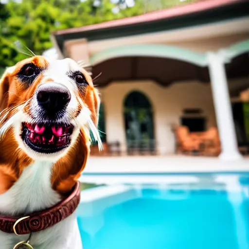 Image similar to a very detailed photo of a dog smoking a cigar outside the mansion by the pool