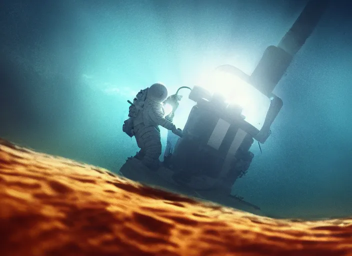 Image similar to astronaut underwater putting a flag in the sand of the bottom of the ocean. in the background, a submarine is visible. dark, concept art, cinematic, dramatic, atmospheric, 8 k, trending on artstation, low visibility, zack snyder