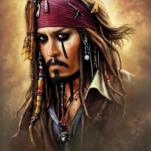 Prompt: a hyperrealistic illustration of Captain Jack Sparrow as Davy Jones, Face hybrid of Davy Jones and Jack Sparrow, Pirates of the Caribbean Ship with fractal sunlight in the Background, award-winning, masterpiece, in the style of Tom Bagshaw, Cedric Peyravernay, Peter Mohrbacher