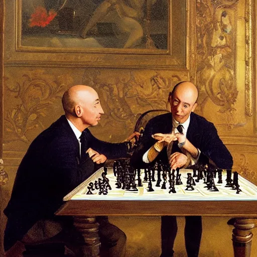 Image similar to jeff bezos with robin wiiliams playing chess looking wise, rococo oil painting, highly detailed