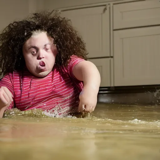 Image similar to flash photography of chubby teenage boy with long curly brown hair vomiting, and flooding the basement he is sitting in with vomit