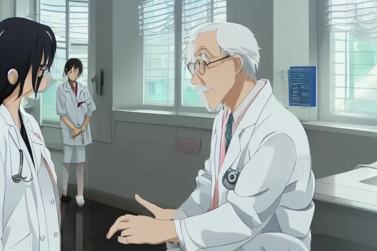 Image similar to a cute young female doctor wearing white coat are talking with an old surgeon in a hospital, slice of life anime, lighting, anime scenery by makoto shinkai