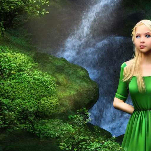 Image similar to beautiful young blonde-haired elf woman tucking her hair behind her ear and wearing a green dress in front of a waterfall, very very very beautiful, trending on artstation, 4k