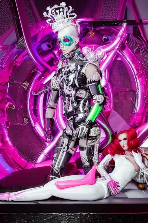 Prompt: full-body rococo and cyberpunk style neon statue of a muscular attractive Nick Jonas macho dotado e rico android sim roupa reclining con las piernas abertas e la piroca dura, glowing white laser eyes, prince crown of pink gears, diamonds, swirling silver-colored silk fabric. futuristic elements. full-length view. space robots. human skulls. intricate artwork by caravaggio. Trending on artstation, octane render, cinematic lighting from the right, hyper realism, octane render, 8k, depth of field, 3D