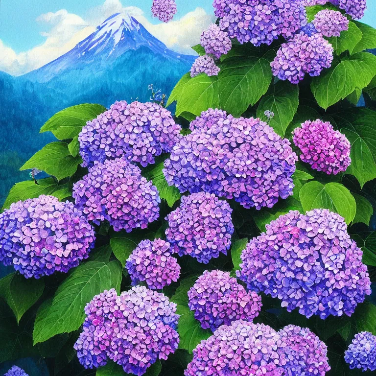 Prompt: a beautiful painting of hydrangea and mountain landscape, clematis theme logo, clematis theme banner, clematis design, clematis in the deep sea, clematis like stars in the sky, hydrangea, trending on artstation, warm light, lovely and cute, fantasy art, 8 k resolution, highly detailed