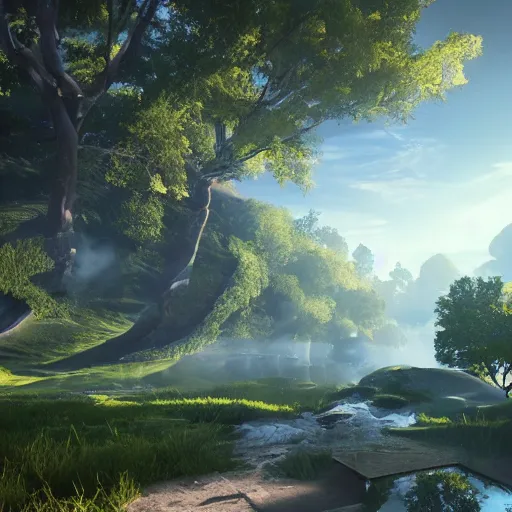 Image similar to a beautiful landscape, octane render, nvidia raytracing demo, masterpiece