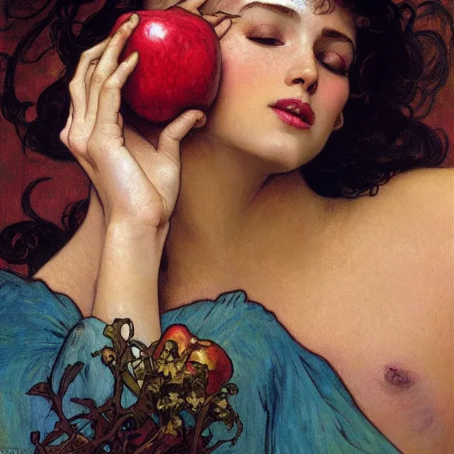 Image similar to an aesthetic! detailed close - up portrait of an aesthetic woman crying mournfully while holding an apple, by frank frazetta and alphonse mucha, oil on canvas, bright colors, art nouveau, epic composition, dungeons and dragons fantasy art, hd, god - rays, ray - tracing, crisp contour - lines, huhd - 8 k