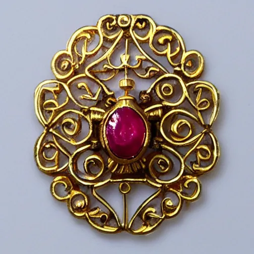 Prompt: a beautiful gold filigree and ruby scarab