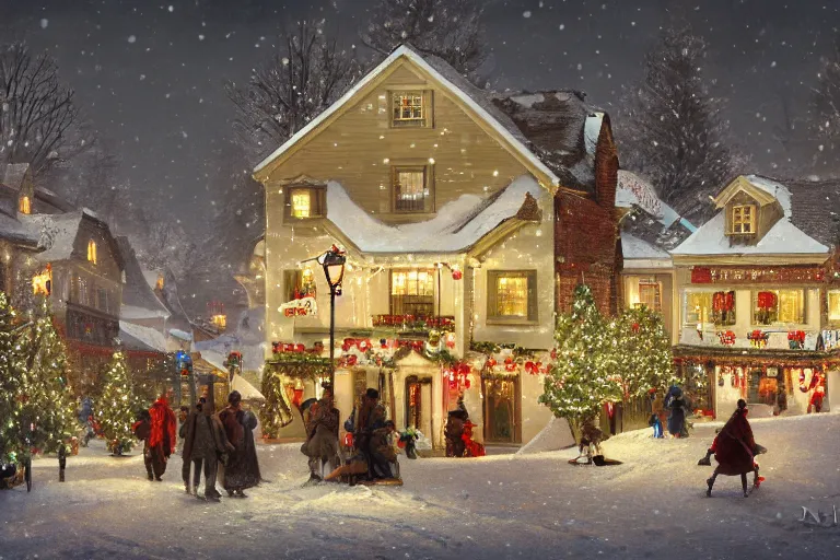 Image similar to a guillotine with christmas lights in the center of town, matte painting, concept art, digital art, trending on artstation, 4 k, extremely detailed, realistic, snowing, by norman rockwell, cinematic, epic