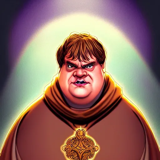 Image similar to a fantasy comic - style full portrait of a friar who looks like chris farley, digital illustration by ken taylor and sana takeda and jenny frison, character design, concept art, fine inking lines, vivid colors, dnd, highly detailed!, hd, 4 k, trending on artstation