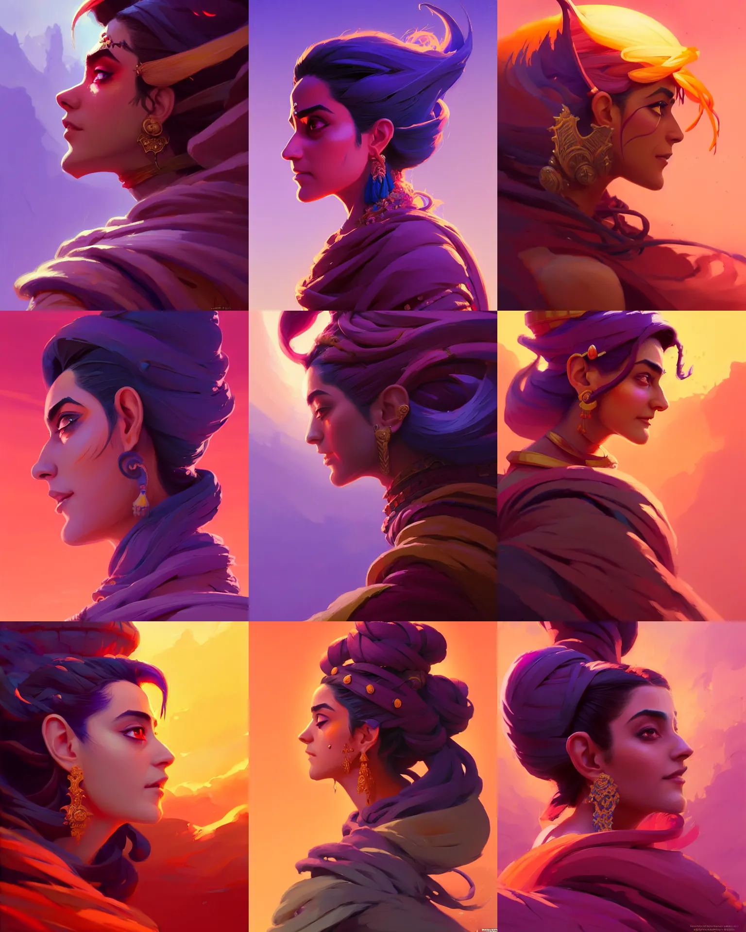 Prompt: side - profile painted portrait, maya ali as a sorcerer, fantastically gaudy colors, octane render, gloomhaven, matte painting concept art, official fanart behance hd artstation by jesper ejsing, by rhads and makoto shinkai and lois van baarle and ilya kuvshinov and rossdraws