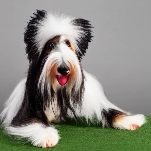 Image similar to TY beanie baby (bearded collie dog), comedy, action shot, arf, UE5, cute, adorable, fluffy, 70mm/f2.8, imax
