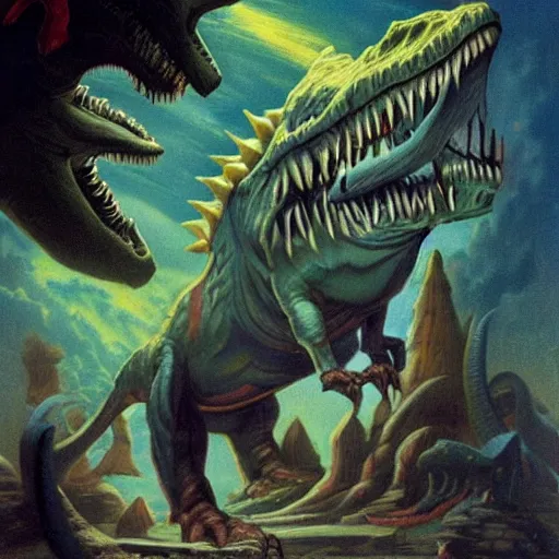 Prompt: a_wizard_dinosaur_by_Boris_Vallejo_fantasy_illustration