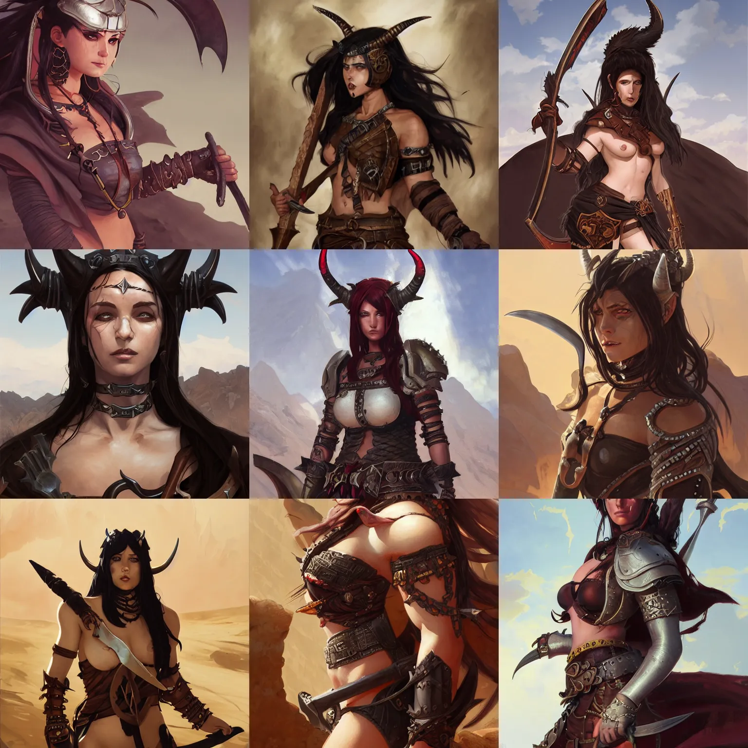 Prompt: portrait of a strong fierce female berber tiefling barbarian with devil horns and black hair wearing a steel chestplate in a desert, fantasy, seinen, highly detailed, digital painting, pixiv, concept art, character art, art by greg rutkowski, tyler jacobson, alphonse mucha, ross tran and makoto shinkai