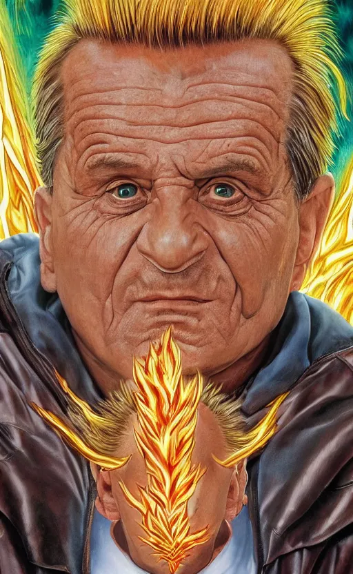 Prompt: joe pesci going super sayan by alex grey, surrealist, 8 k, fantasy, dark, highly detailed