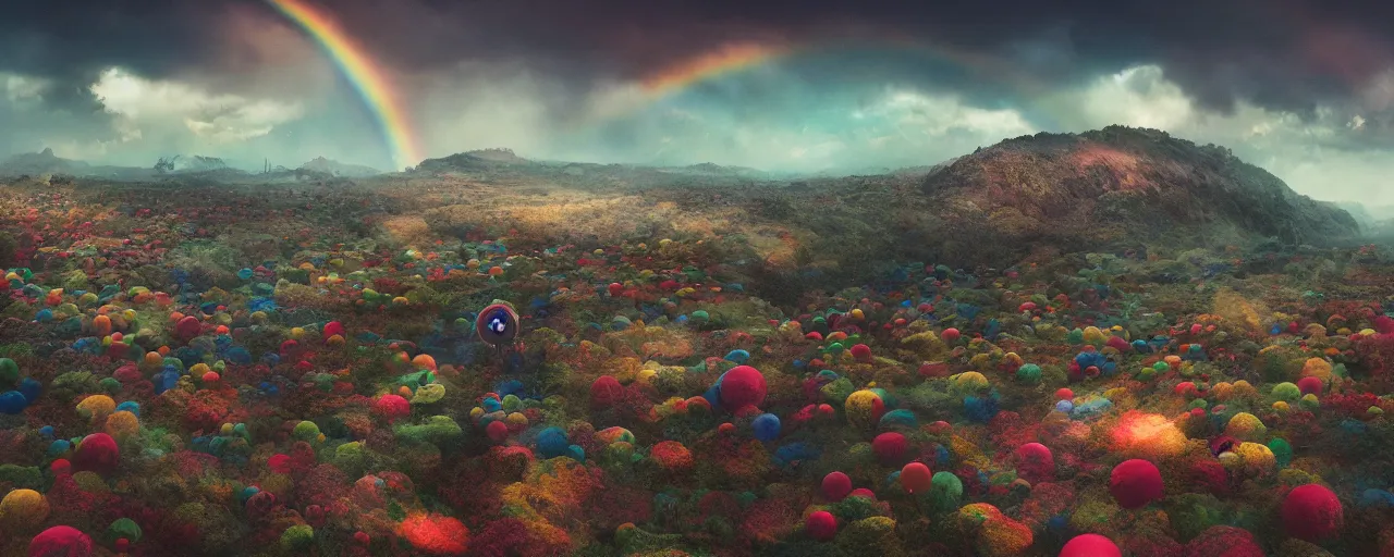 Image similar to ” clown world landscape, [ by wlop, cinematic, detailed, clown, widescreen, opening, establishing, mattepainting, photorealistic, rainbow textures, octane render ] ”