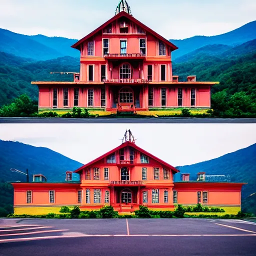 Image similar to Symmetric Wes Anderson film still in the Gatlinburg without people. Establishing shot. Architecture. 8k resolution. Pastel. Sharp. Whimsical. Symmetry. Stunning.