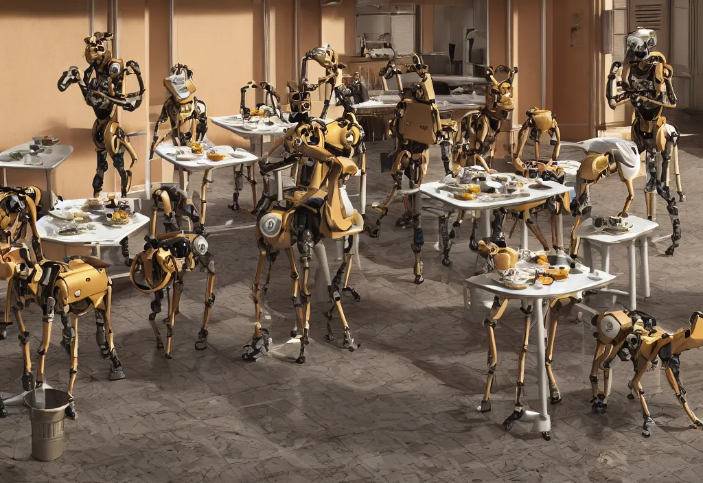 Prompt: accidentally wes anderson award - winning photograph of boston dynamics robots on a lunch break eating breakfast and drinking coffee, epic calm scene, 4 k, detailed, art by greg rutkowsky, trending on artstation, cinematic lighting, filmic grain, golden hour, detailed, 4 k