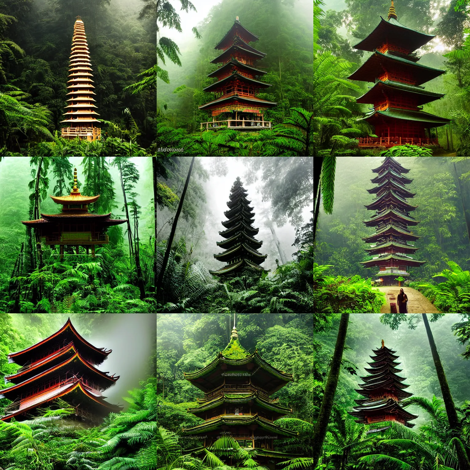 Prompt: abellanewsfoundation. org a full length portrait of a giant autonomous pagoda in a misty rainforest, surrounded by lush ferns and fir trees. surrounded by mountains and clouds and mist. featured on