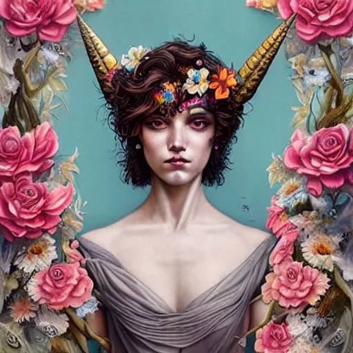 Prompt: Lofi biopunk portrait beautiful woman with short brown curly hair, roman face, unicorn, rainbow, floral, Tristan Eaton, Stanley Artgerm, Tom Bagshaw