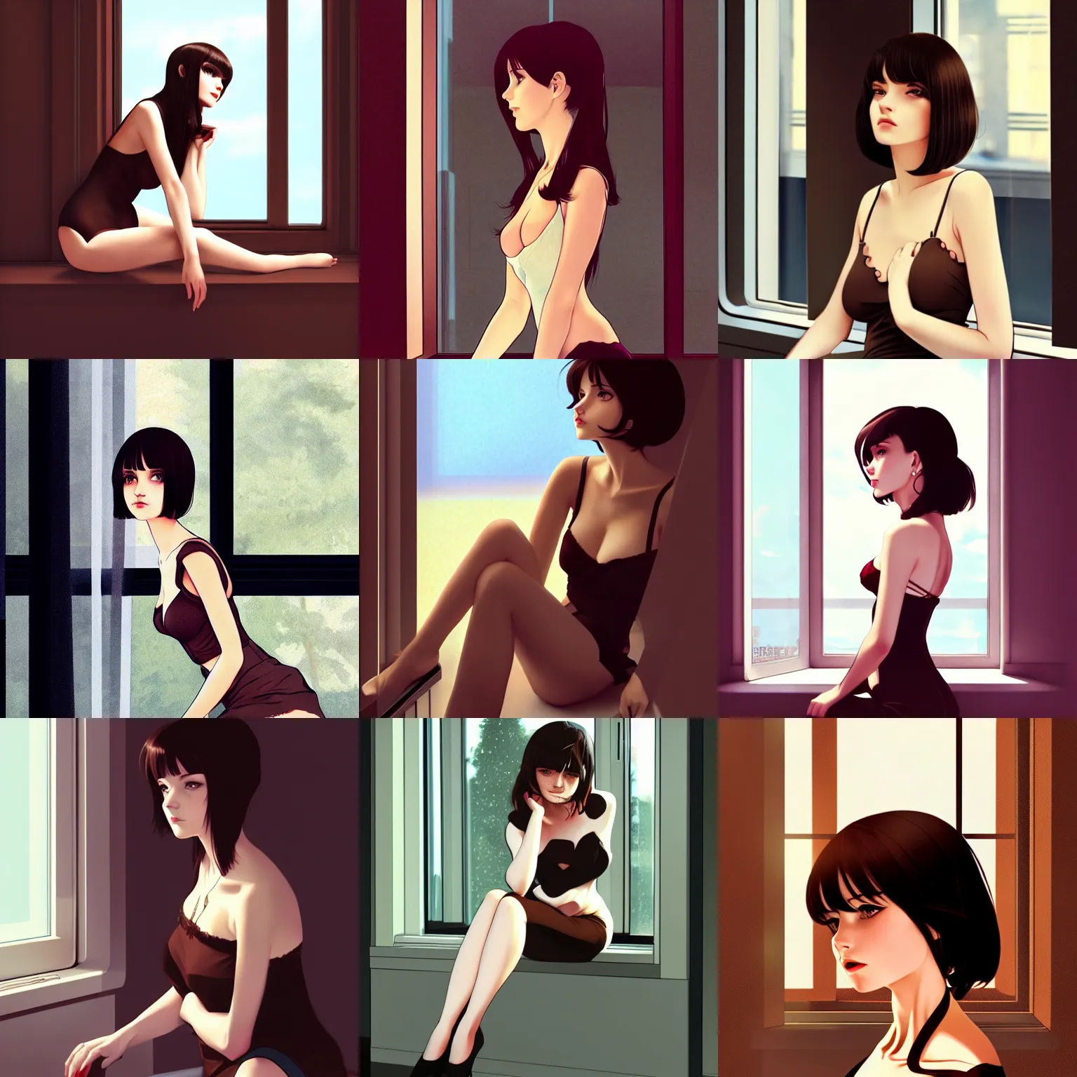 Prompt: sexy girl with dark brown hair, sitting down, leaning against the window, elegant, in the style of ilya kuvshinov