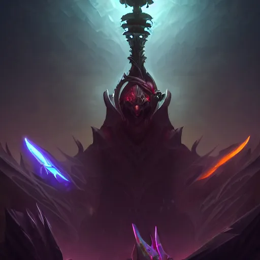 Image similar to The blade of the ruined king, digital illustration, futuristic statues, glow in the dark, ethereal, the void, ominous background, very detailed, stylized, concept art, trending on artstation, high definition, by Riot Games, League of legends
