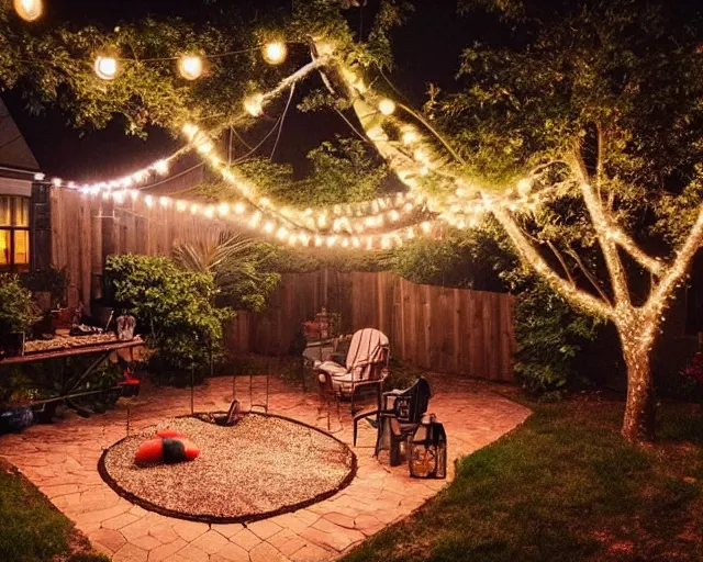 Image similar to a still photo of a backyard at night with fairy lights, house on the left side, warm lighting, tumblr aesthetic